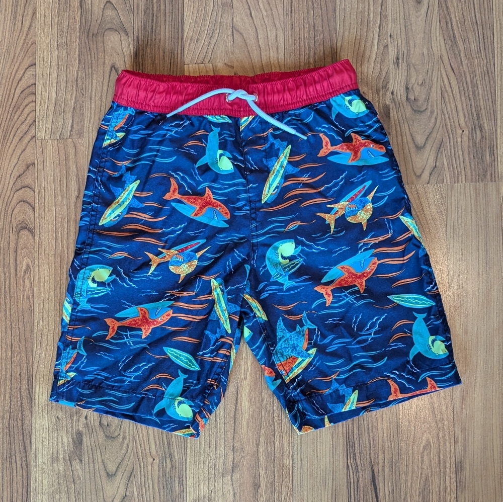 Land's End Boys Shark Print Swim Trunks in Blue and Red, Size L (10-12)